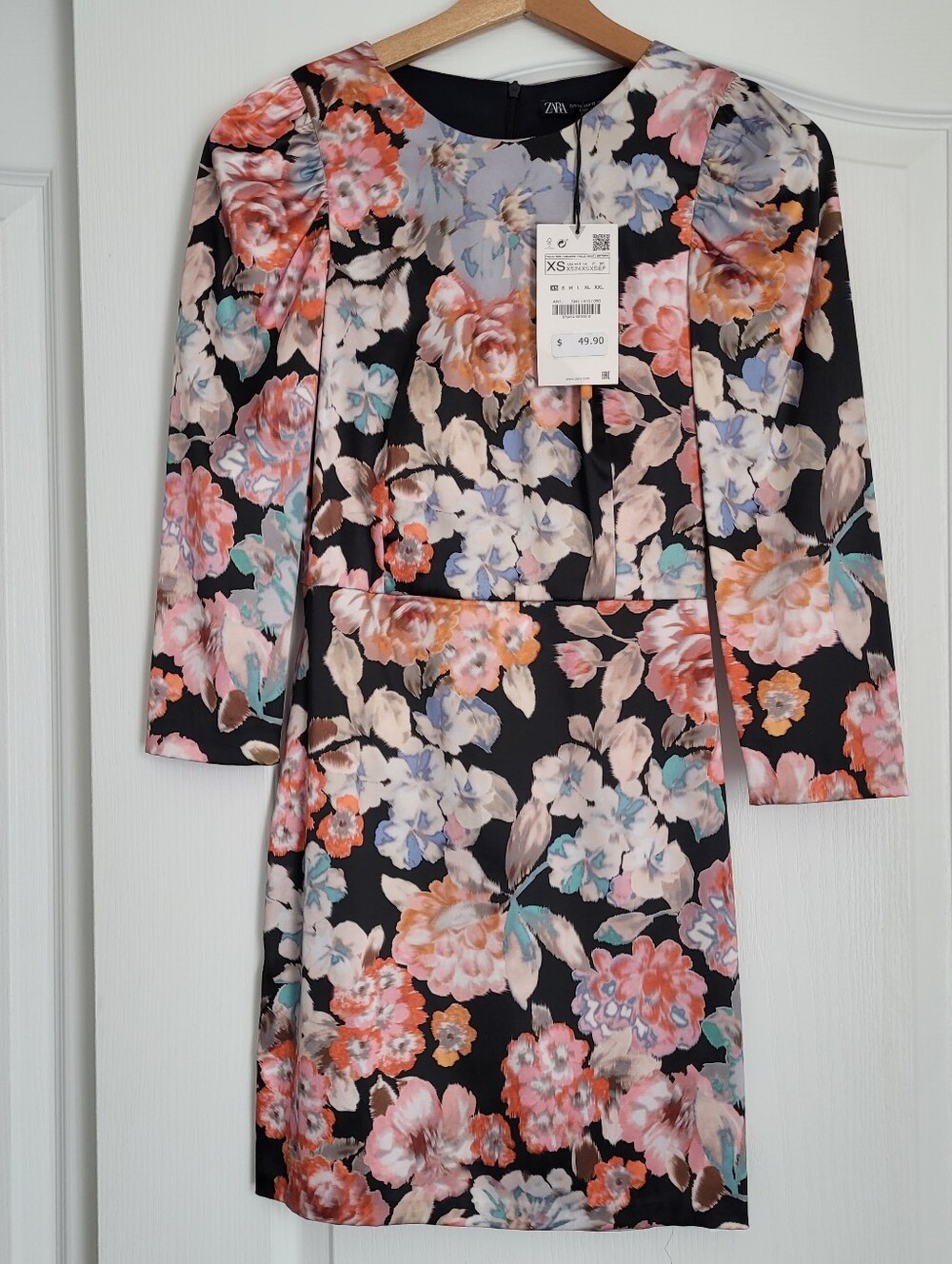 ZARA Black Floral Long-Sleeve Puff-Sleeve Dress
